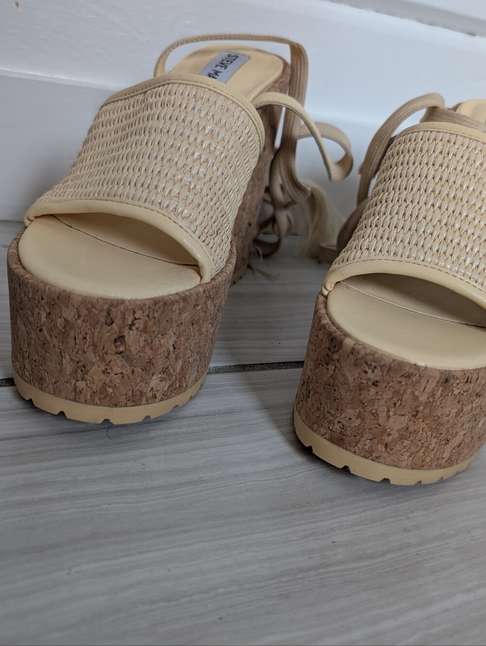 Steve Madden MaiTai Platform Sandal Heels Size 6 Cork Lug Sole Woven Raffia Boho - Picture 5 of 7